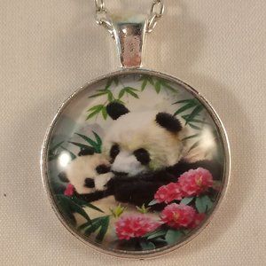 Silver Panda Bears Art Cabochon Pendant Necklace 20" Chain Party Gift